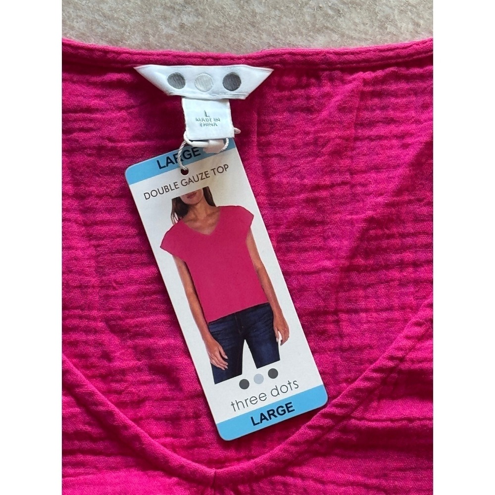 Three Dots‎ Top T-shirt Large Cotton Gauze Pink V Neck Lightweight NWT Blouse - Picture 5 of 9